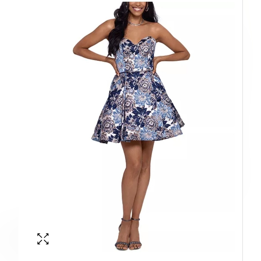 Blondie Nites Blue Fit and Flare Shimmery Metallic Floral Design Strapless Dress